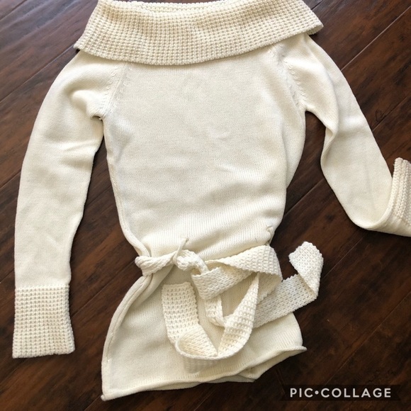 Ivory Off The Shoulders Sweater w/Tie - Picture 3 of 4